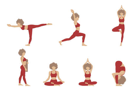 Yoga set. Woman different in yoga poses. Set of vector illustrations isolated on white background.のイラスト素材