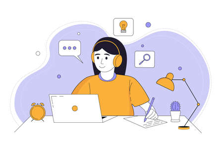 E-learning online at home. Character sitting, looking at laptop. Online education at home concept. Flat vector Illustration.のイラスト素材