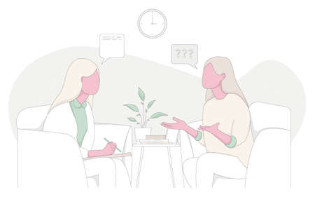 Woman talks during a mental therapy session with her psychotherapist or psychologist. Female psychologist has an individual meeting with her patient. Vector illustration.のイラスト素材
