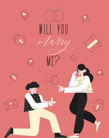 Man standing on knee and making marriage proposal, holding ring. romantic relationship concept. Vector illustration in cartoon styleのイラスト素材