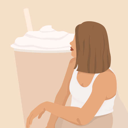 Faceless girl sitting near a glass of coffee, illustration in pastel colorsのイラスト素材