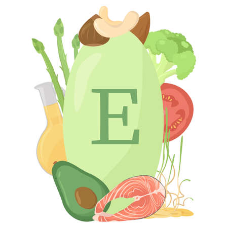 Vitamin E sources set. Foods containing vitamin E. Oil, avocado, fish, nuts. Vitamin for immunity and health. Flat vector design, cartoon, isolated on white background.のイラスト素材