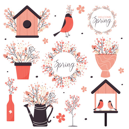 Spring set, birdhouse, floral compositions. For greeting card, party invitation, poster, tag, sticker setのイラスト素材