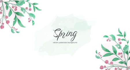 Watercolor vector. Spring design with a composition of branches, leaves and flowers. Spring tone green, pink color watercolor. Minimal design for text, packaging and print.のイラスト素材