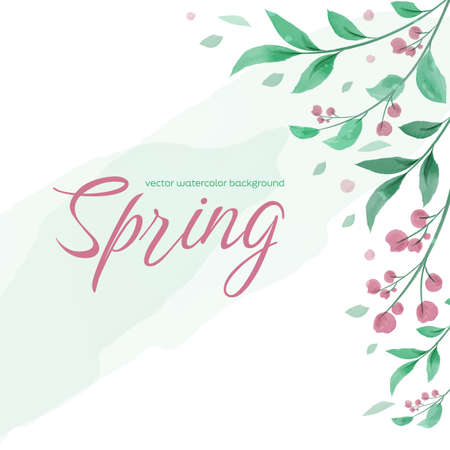 Watercolor vector. Spring design with a composition of branches, leaves and flowers. Spring tone green, pink color watercolor. Minimal design for text, packaging and print.のイラスト素材