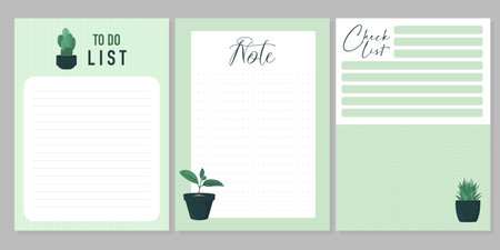 A set of 3 lists: a to-do list, a note, a checklist with indoor plants. Planner and organizer. Flat vector.のイラスト素材