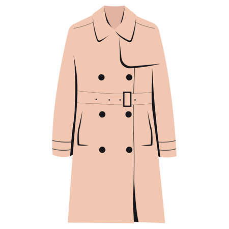 Womens beige coat, trench coat. Cozy spring clothes. Spring fashion clothes. Cartoon, flat style Isolated on white backgroundのイラスト素材