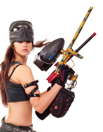 Sexy young girl posing like playing paintballの写真素材