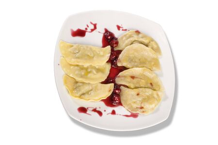 Ukrainian national dish varenyky (ravioli) with cherry closeup. File includes の写真素材