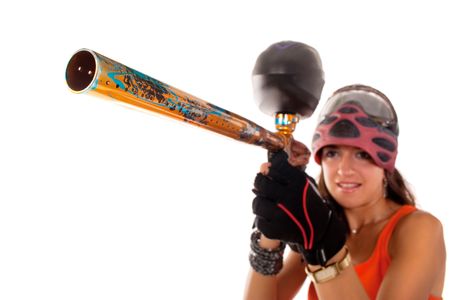 Sexy young girl posing like playing paintballの写真素材