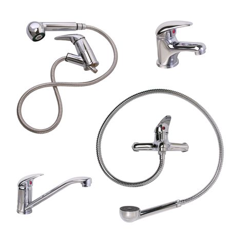 A set of sanitary taps and shower heads, closeup, isolated on whiteの写真素材