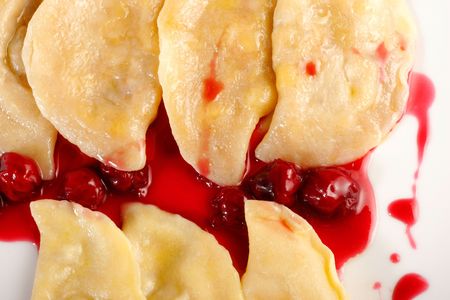 Ukrainian national dish varenyky (ravioli) with cherry closeupの写真素材