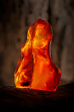 Beauty of natural raw amber. A piece of yellow-red transparent natural amber on piece of stoned wood