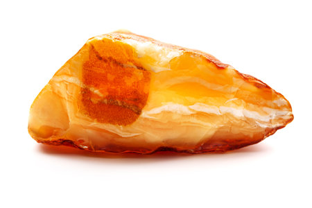 Natural amber. A piece of yellow opaque natural amber on white background.の写真素材