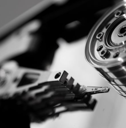 black and white version of the closeup of open harddisk