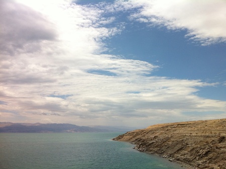 Dead Sea northern part from the hill.  sunny day with beautiful cloudsの素材