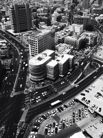High contrast black and white image of the central part of TelAviv taken from the skyscraper  の素材