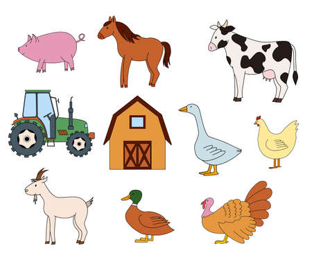 Farm animals, barn and tractor.のイラスト素材