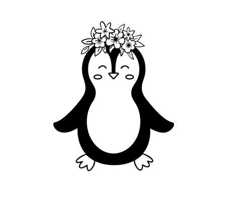Cute penguin with flowers on his head.のイラスト素材