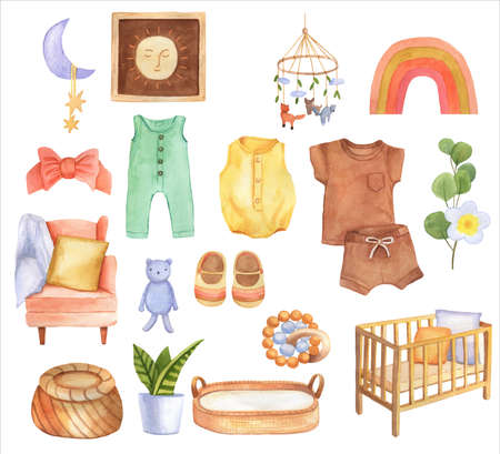 Set watercolor hand drawn boho nursery clipart. Isolated illustrations in Scandinavian style.の写真素材