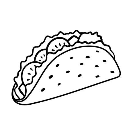 Taco with tortilla. Mexican lunch, line art icon for food apps and websites. Vector outline illustration isolated on whiteのイラスト素材