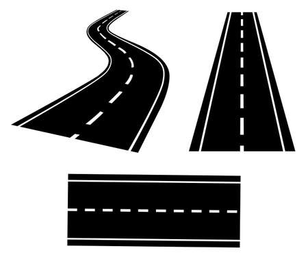 Road icon. Set with road, highway, straight and curved into perspective. Vector illustration is isolated on white backgroundのイラスト素材