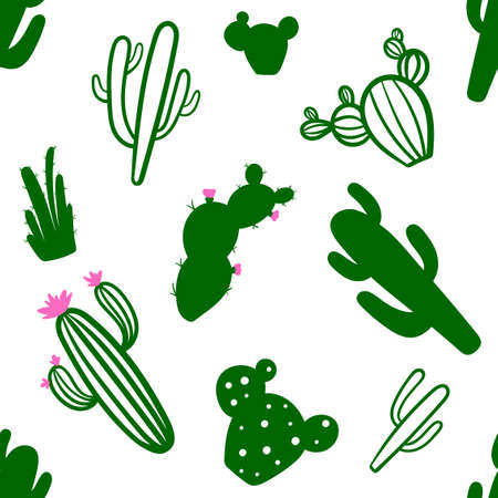 Cute hand drawn seamless pattern with green cactus on white background for baby fabric and wrapping paperのイラスト素材