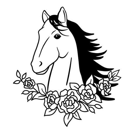 Vector silhouette of horse head with flowers bouquet. Hand drawn monochrome illustration isolated on white background.のイラスト素材