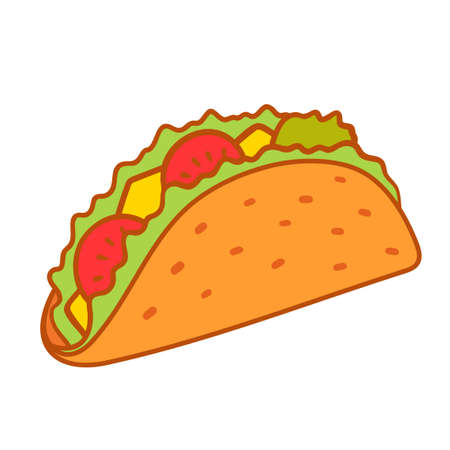 Taco with tortilla. Mexican lunch, icon for food apps and websites. Vector flat illustration isolated on whiteのイラスト素材