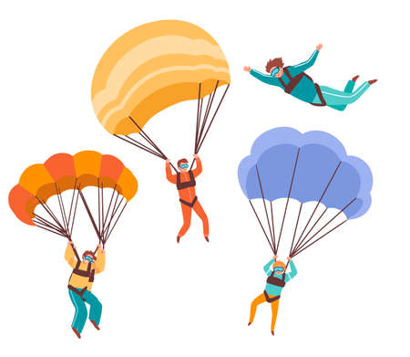 Set of parachutists in flat style. Man flying with parachute. Bright vector illustration isolated on white background extreme sportsのイラスト素材