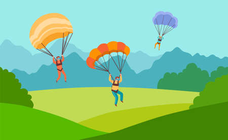 Three parachutists landing on ground. Men with parachutes on backdrop of mountain landscape. Bright vector illustration in flat cartoon style.のイラスト素材