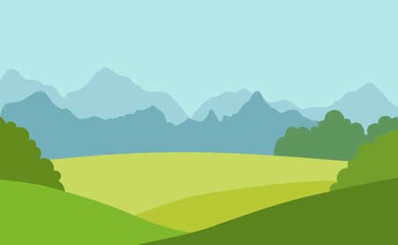 Rural summer landscape. Green meadow with hills, mountains and trees. Colorful vector illustration in flat style.のイラスト素材