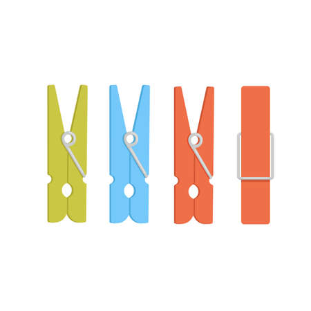 Clothespin flat cartoon illustration isolated on white background. Color elements of laundry in different angles.のイラスト素材