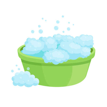 Soaking laundry, wash basin with foam, hand washing. Delicate fabric wash, stain removal, garment care, Vector illustration isolated on white backgroundのイラスト素材
