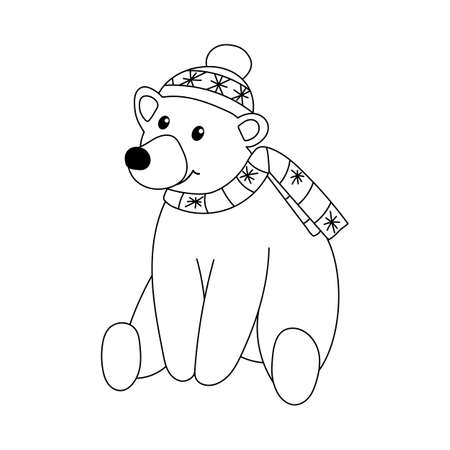Cute polar bear is sitting in hat and scarf. Vector outline woodland animal illustrationisolated on white background. Print on t-shirt, children invitation, card, coloring bookのイラスト素材