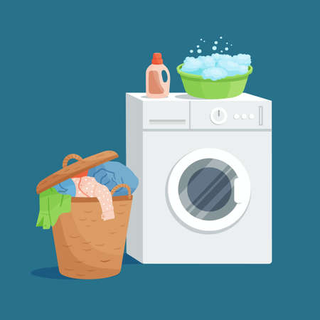 Home laundry concept. Washing machine, soap foam basin, laundry detergent and wicker basket with dirty clothes. Flat cartoon illustrationのイラスト素材