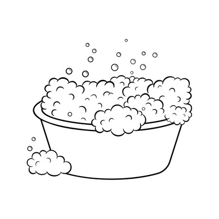 Soaking laundry, wash basin with foam, hand washing. Vector outline illustration isolated on white backgroundのイラスト素材