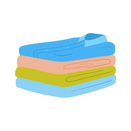 Flat Illustration of Stack of Neatly Folded Clean Clothes isolated on white. Shirt and towels are stacked after washing.のイラスト素材