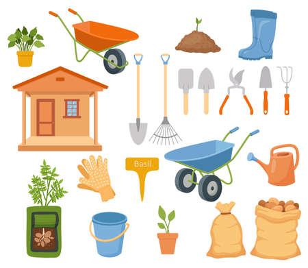 Vector garden tools set isolated on white background. Gardening elements in flat cartoon style - shovel, rake, watering can, pail, shed, soil, boots, bag of potatoesのイラスト素材