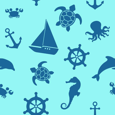 Sea life seamless pattern. Vector illustration of seahorse, turtle, octopus and boat. Marine seamless pattern on blue for boy textile.のイラスト素材