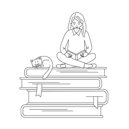 Girl reading sitting on stacks of books with cat. Outline young woman with book in hands isolated white backgroundのイラスト素材