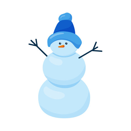 Cute Snowman in hat and carrot isolated on white. Childish vector cartoon illustration.のイラスト素材