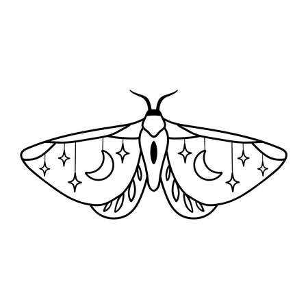 Night moth with crescent moon and stars isolated on white . Hand drawn black celestial doodle moth vector.のイラスト素材