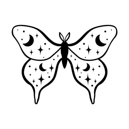 Night moth with crescent moon and stars isolated on white . Hand drawn black celestial moth vector.のイラスト素材