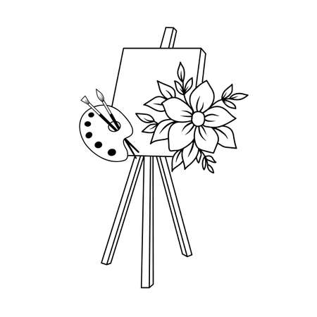 Easel with palette of colors and flower. Line vector illustration isolated on white background. Floral  for artist in online style.のイラスト素材