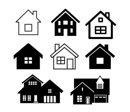 Set of house icons. Suburban real estate, sign of house with pipe in the outline style. Vector silhouette of building isolated on whiteのイラスト素材