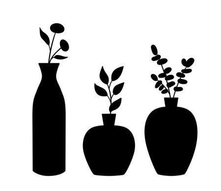 Hand drawn house plants in vase. Black silhouettes of different plants in pots. Vector illustration isolated on white backgroundのイラスト素材