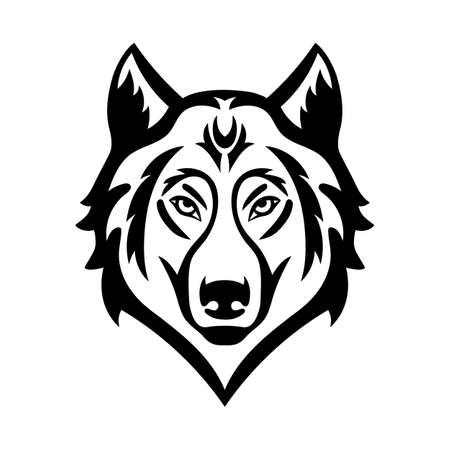 Wolf Head Icon in black and white. Vector illustration for mascot and T-shirt graphic. Wolf or dog Face sign isolated on whiteのイラスト素材