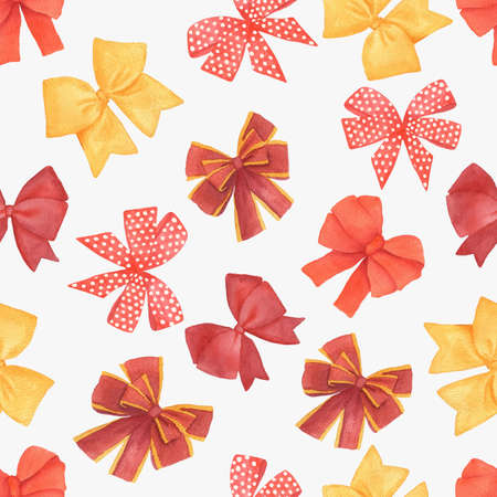 Seamless pattern background with pink and red bow and bow-tie on white. Watercolor backdrop for holiday decorating greeting cards for wedding, birthday, new year, Christmas.の写真素材