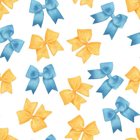 Seamless pattern background with blue and yellow bow and bow-tie on white. Watercolor backdrop for...